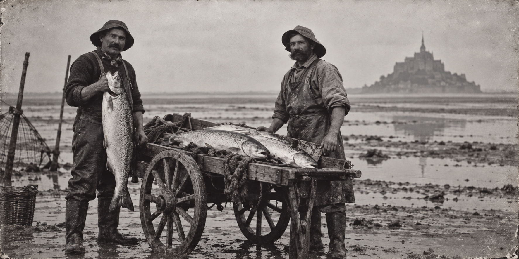 Reconstitution photographique de pêcheurs au saumon dans la baie du Mont-Saint-Michel