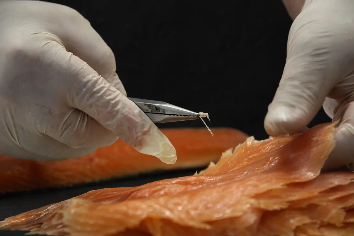 Retrait d'une arête à la pince sur un filet de saumon fumé